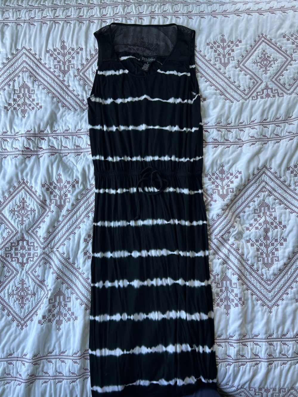 Black & White Tie-Dye Maxi  Sleeveless Mesh Accents Drawstring Waist Side Slits